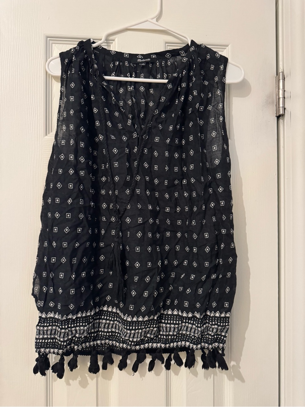 Madewell Black & White Printed Tassel Hem Tank